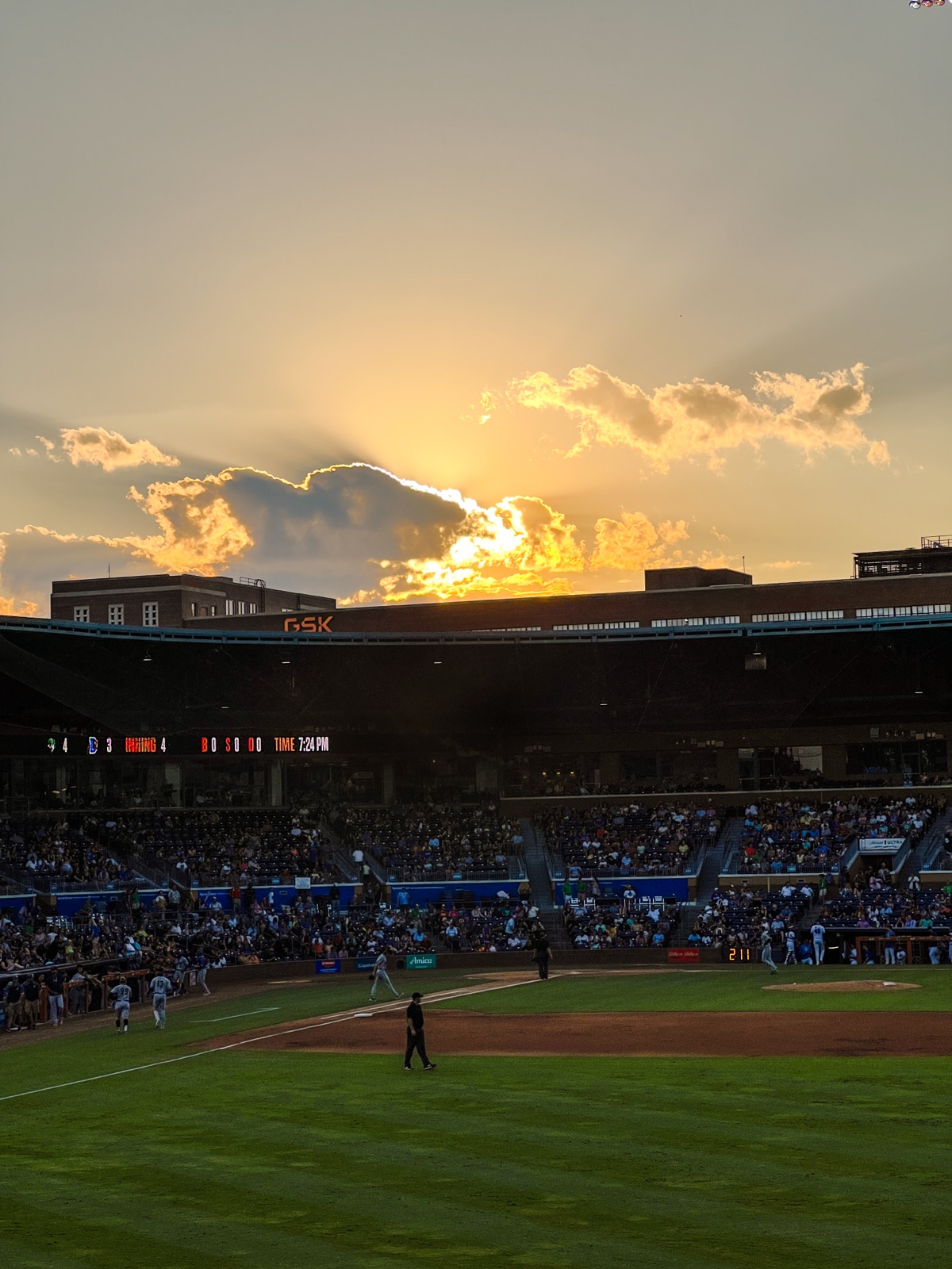 Durham Bulls Ballpark of Durham field at sunset